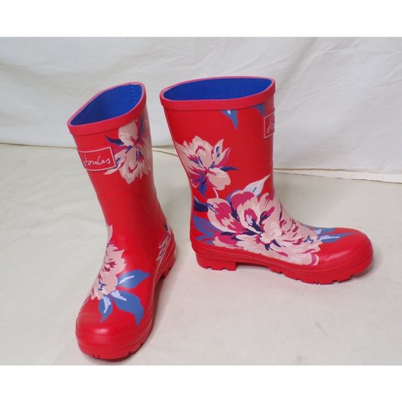 JOULES Molly Welly Mid-Height Red Floral Rubber Rain Boots 6 NEW - Picture 2 of 10